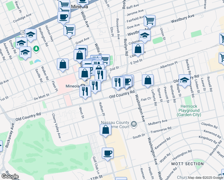 map of restaurants, bars, coffee shops, grocery stores, and more near 33 Willis Avenue in Mineola