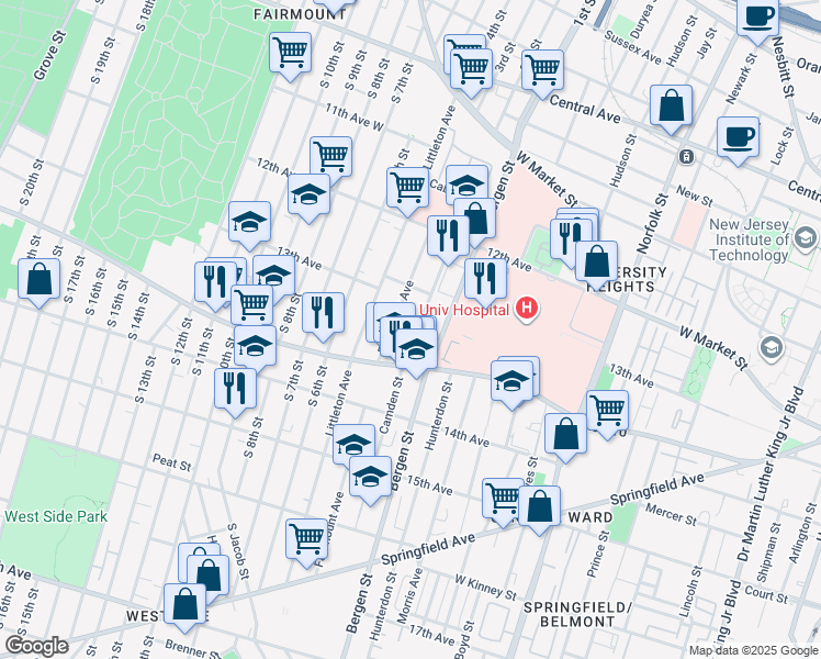 map of restaurants, bars, coffee shops, grocery stores, and more near 216 Fairmount Avenue in Newark