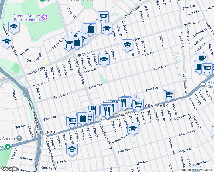 map of restaurants, bars, coffee shops, grocery stores, and more near 82-15 256th Street in Queens