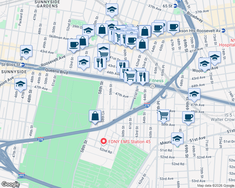 map of restaurants, bars, coffee shops, grocery stores, and more near 47-03 59th Place in Queens