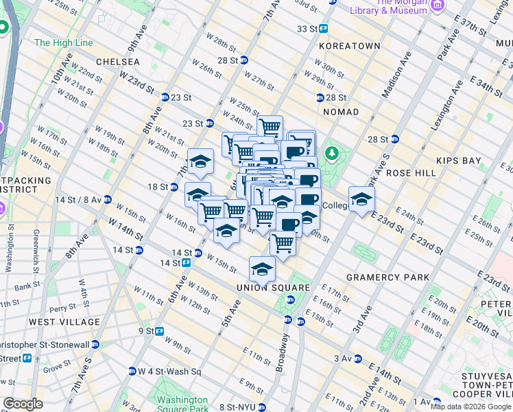 map of restaurants, bars, coffee shops, grocery stores, and more near 20 West 20th Street in New York