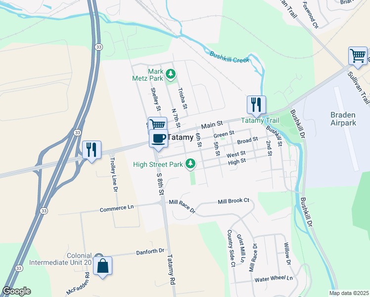 map of restaurants, bars, coffee shops, grocery stores, and more near 66 South 7th Street in Tatamy