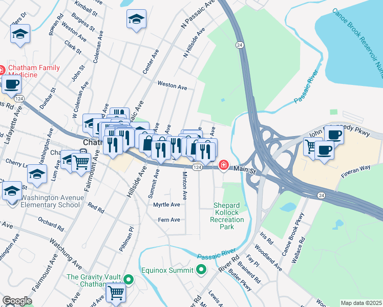 map of restaurants, bars, coffee shops, grocery stores, and more near 13a Roosevelt Avenue in Chatham