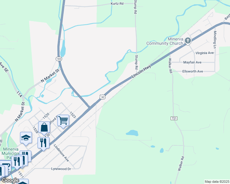 map of restaurants, bars, coffee shops, grocery stores, and more near 22133 U.S. 30 in Minerva