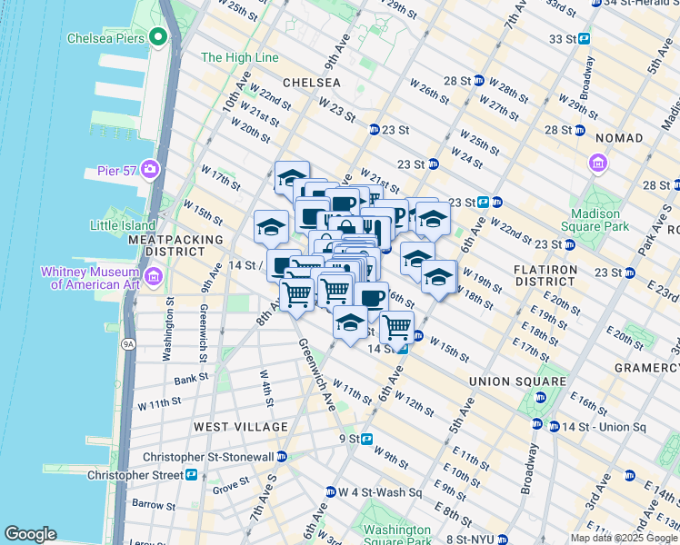 map of restaurants, bars, coffee shops, grocery stores, and more near 210 West 16th Street in New York