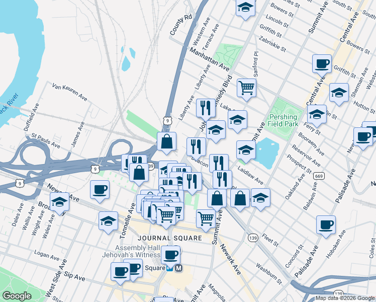 map of restaurants, bars, coffee shops, grocery stores, and more near 3140 John F. Kennedy Boulevard in Jersey City