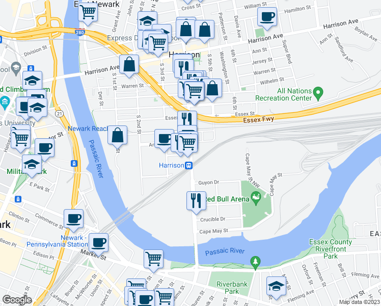 map of restaurants, bars, coffee shops, grocery stores, and more near in Harrison