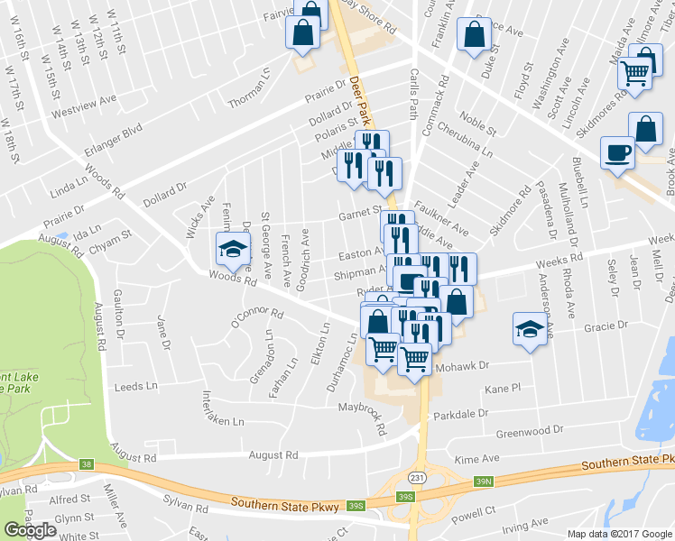 map of restaurants, bars, coffee shops, grocery stores, and more near 57 Shipman Avenue in North Babylon