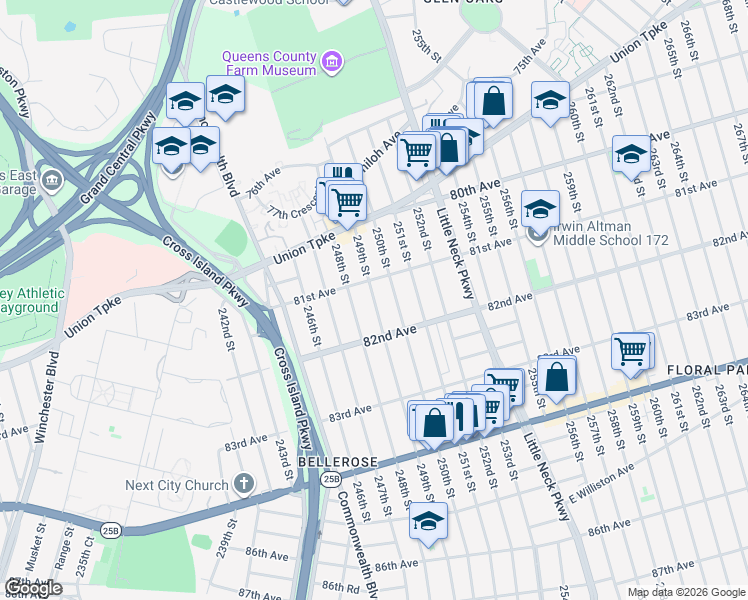 map of restaurants, bars, coffee shops, grocery stores, and more near 81-28 249th Street in Queens