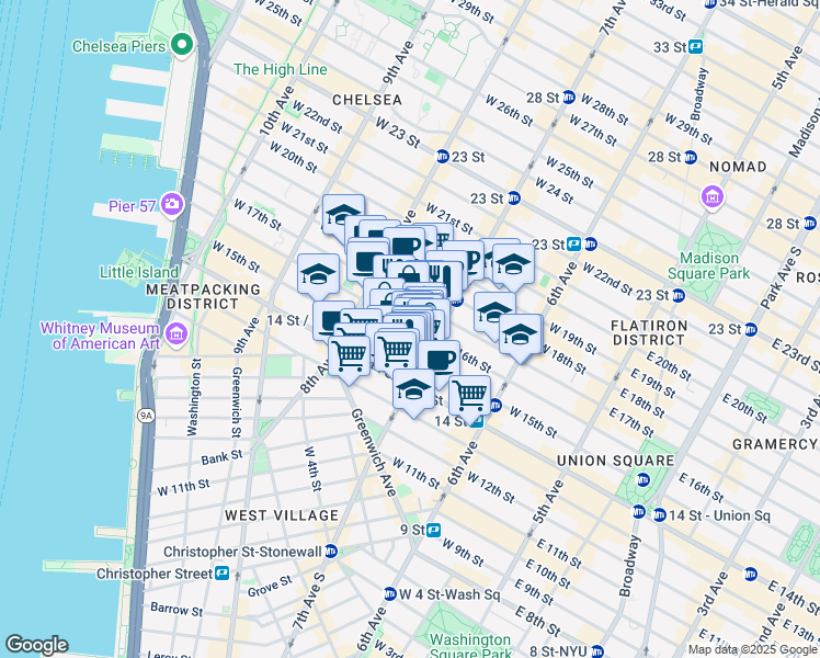 map of restaurants, bars, coffee shops, grocery stores, and more near 210 West 16th Street in New York