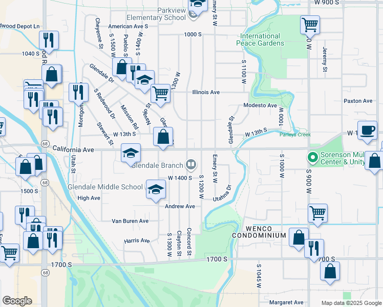 map of restaurants, bars, coffee shops, grocery stores, and more near 1331 Concord Street in Salt Lake City