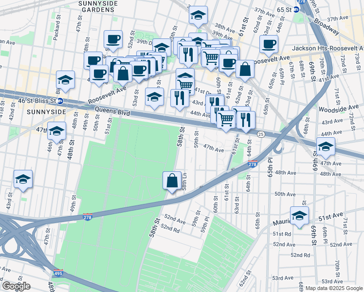 map of restaurants, bars, coffee shops, grocery stores, and more near 47-15 58th Street in Queens