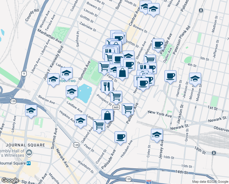 map of restaurants, bars, coffee shops, grocery stores, and more near 91 Booraem Avenue in Jersey City