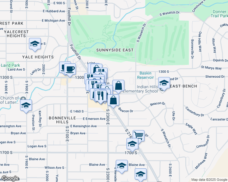 map of restaurants, bars, coffee shops, grocery stores, and more near 2349 South Sheridan Road in Salt Lake City
