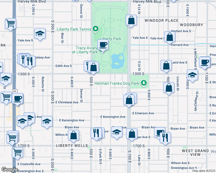map of restaurants, bars, coffee shops, grocery stores, and more near 1374 South 600 East in Salt Lake City