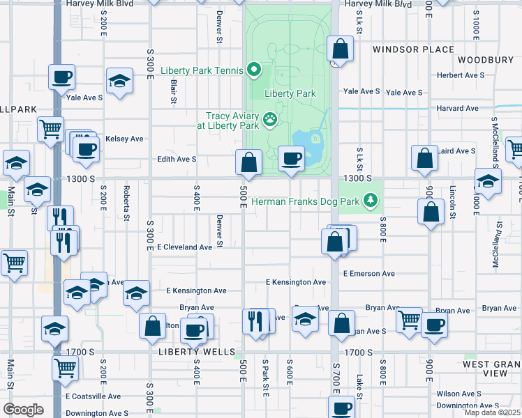 map of restaurants, bars, coffee shops, grocery stores, and more near 1368 Park Street East in Salt Lake City