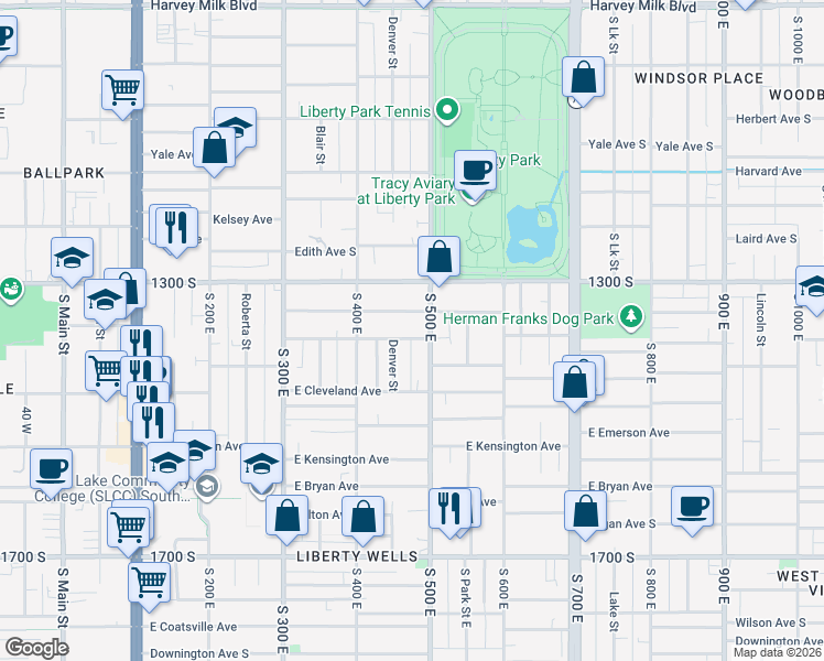 map of restaurants, bars, coffee shops, grocery stores, and more near 467 Harrison Avenue in Salt Lake City