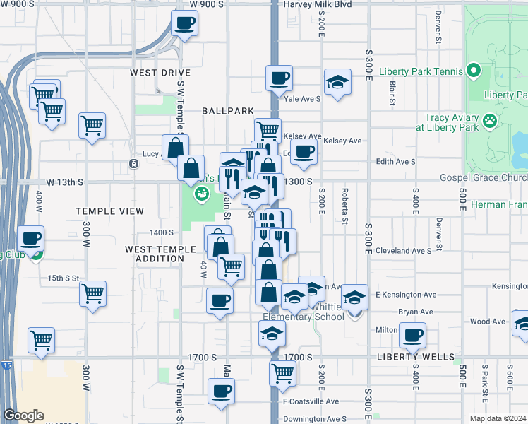 map of restaurants, bars, coffee shops, grocery stores, and more near 1369 Major Street East in Salt Lake City
