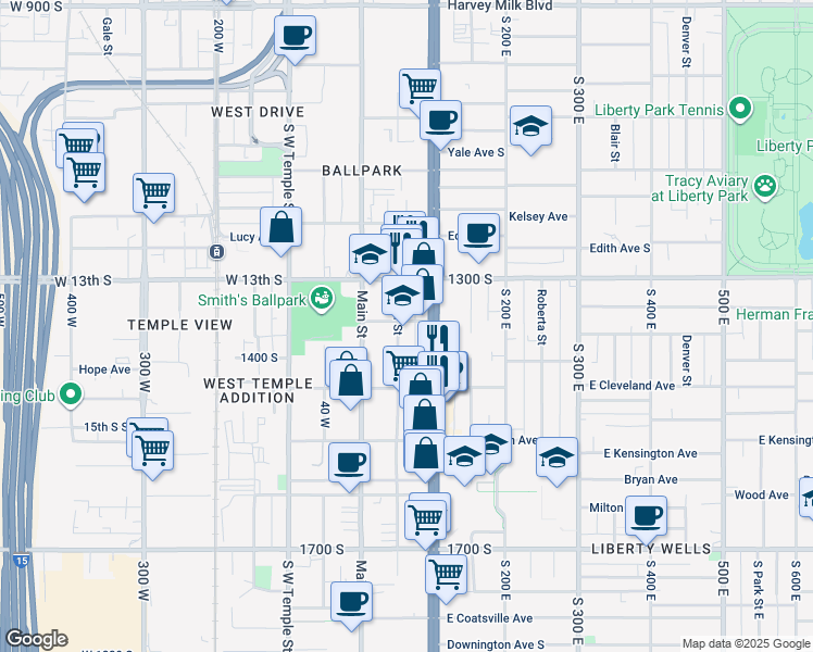 map of restaurants, bars, coffee shops, grocery stores, and more near 1369 Major Street East in Salt Lake City