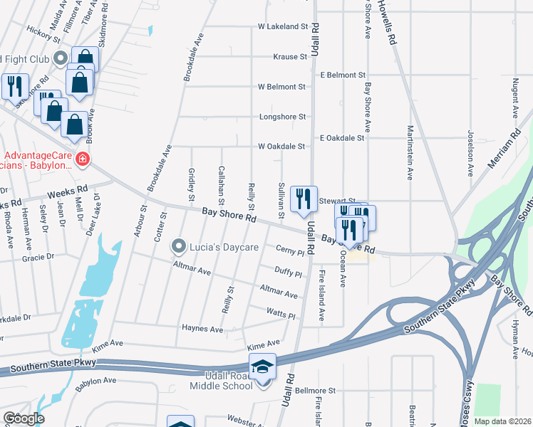 map of restaurants, bars, coffee shops, grocery stores, and more near 13 Bay Shore Road in Bay Shore