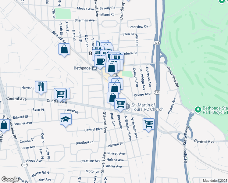map of restaurants, bars, coffee shops, grocery stores, and more near 16 Baldwin Place in Bethpage