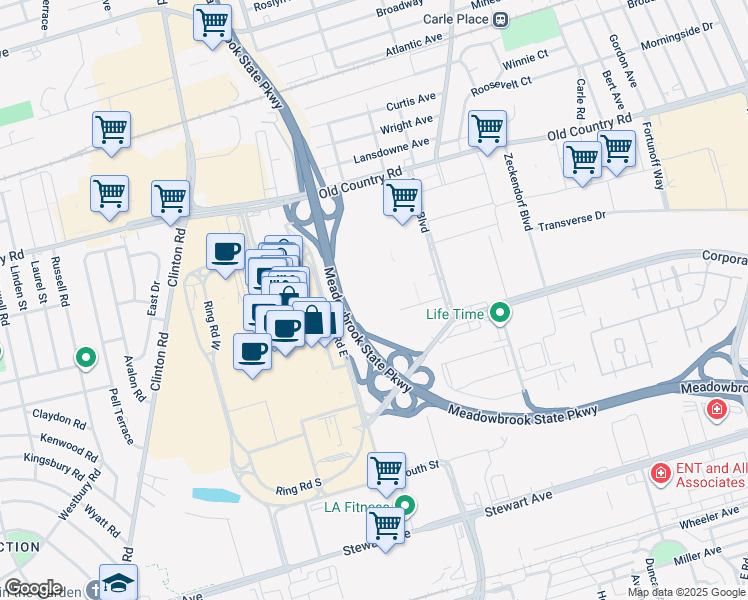 map of restaurants, bars, coffee shops, grocery stores, and more near 1 M H Plaza in Uniondale
