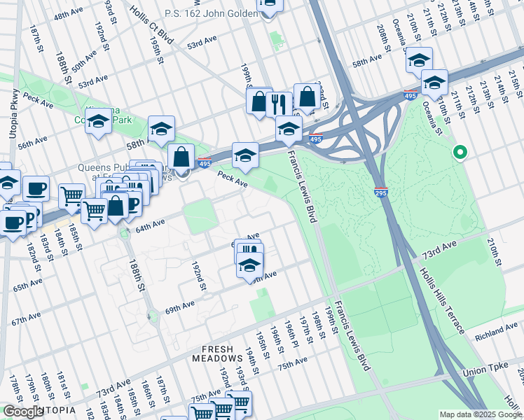 map of restaurants, bars, coffee shops, grocery stores, and more near 196-10C 65th Crescent in Queens