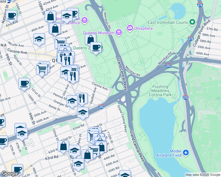 map of restaurants, bars, coffee shops, grocery stores, and more near 111-52 Corona Avenue in Queens