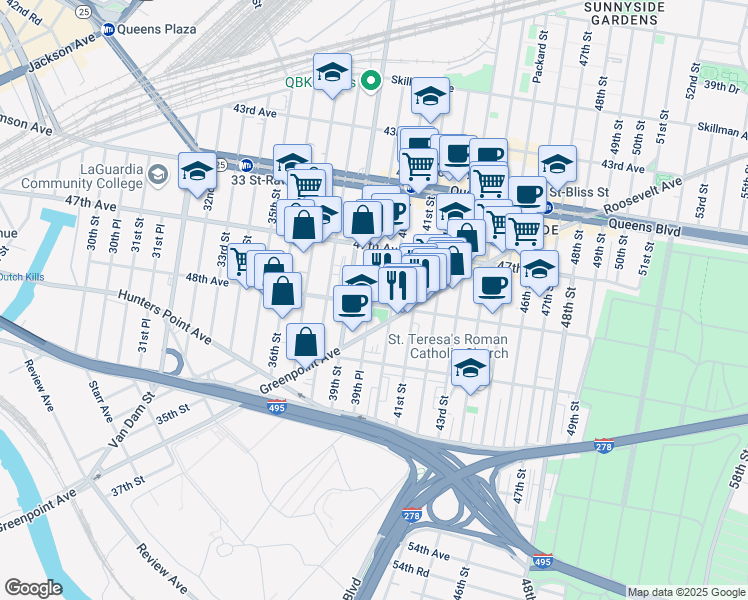 map of restaurants, bars, coffee shops, grocery stores, and more near 39-28 48th Avenue in Queens