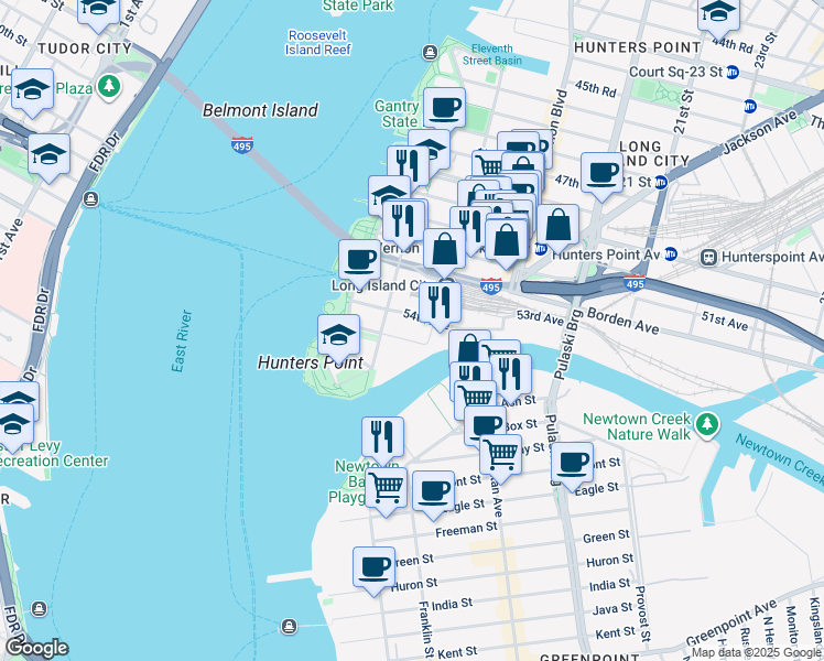 map of restaurants, bars, coffee shops, grocery stores, and more near 2 55th Avenue in Queens