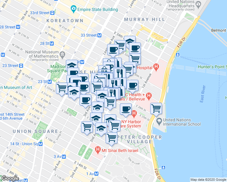 map of restaurants, bars, coffee shops, grocery stores, and more near in New York