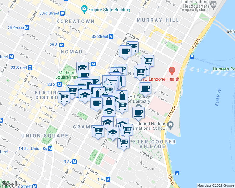 map of restaurants, bars, coffee shops, grocery stores, and more near in New York
