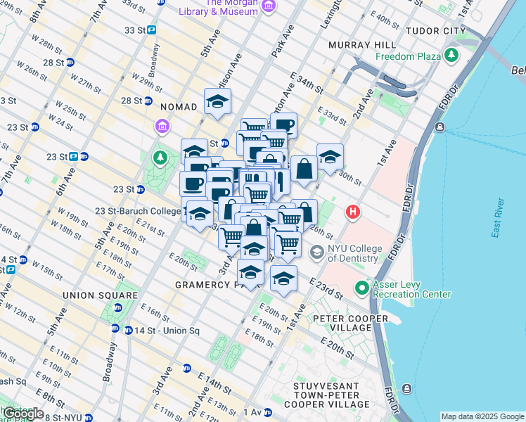 map of restaurants, bars, coffee shops, grocery stores, and more near 355 3rd Avenue in New York