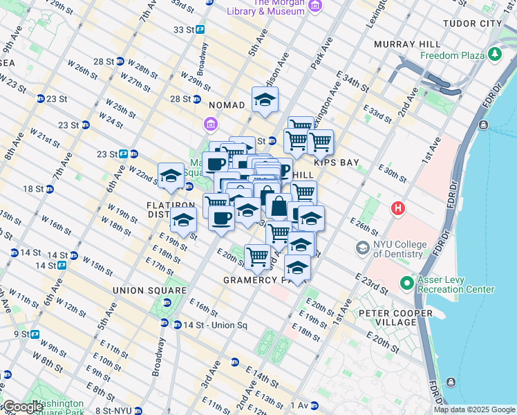 map of restaurants, bars, coffee shops, grocery stores, and more near 55 Lexington Avenue in New York