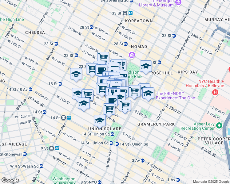 map of restaurants, bars, coffee shops, grocery stores, and more near 135 5th Avenue in New York
