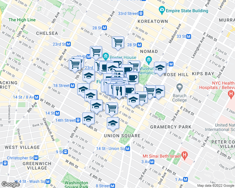 map of restaurants, bars, coffee shops, grocery stores, and more near 20 West 20th Street in New York