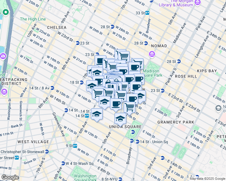 map of restaurants, bars, coffee shops, grocery stores, and more near 636 6th Avenue in New York