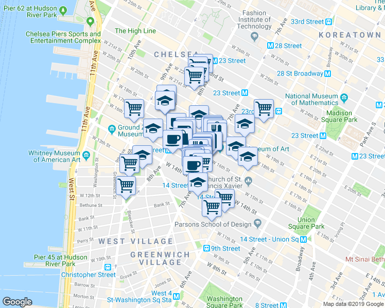 map of restaurants, bars, coffee shops, grocery stores, and more near in New York
