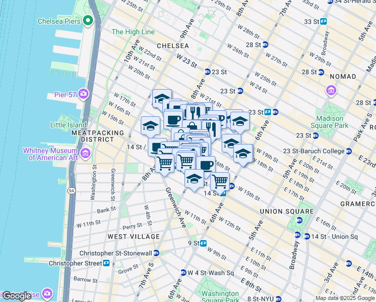 map of restaurants, bars, coffee shops, grocery stores, and more near in New York