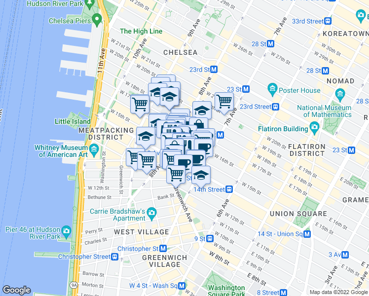 map of restaurants, bars, coffee shops, grocery stores, and more near 228 West 15th Street in New York