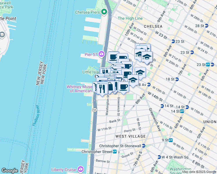 map of restaurants, bars, coffee shops, grocery stores, and more near 832 Washington Street in New York