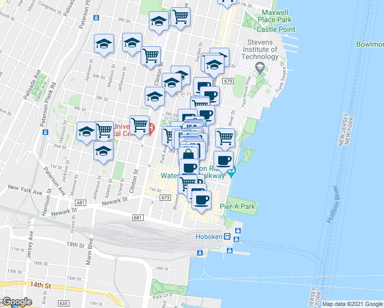 map of restaurants, bars, coffee shops, grocery stores, and more near 235 Bloomfield Street in Hoboken