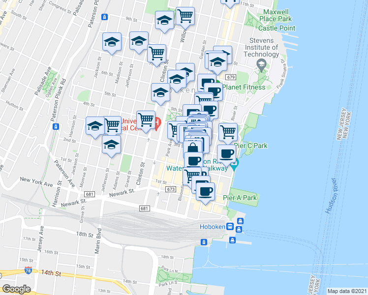 map of restaurants, bars, coffee shops, grocery stores, and more near 235 Bloomfield Street in Hoboken