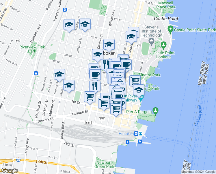 map of restaurants, bars, coffee shops, grocery stores, and more near 223 Park Avenue in Hoboken