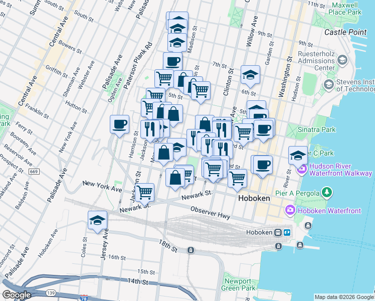 map of restaurants, bars, coffee shops, grocery stores, and more near 450 2nd Street in Hoboken