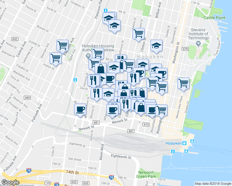 map of restaurants, bars, coffee shops, grocery stores, and more near 450 2nd Street in Hoboken