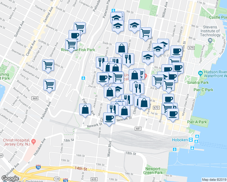 map of restaurants, bars, coffee shops, grocery stores, and more near 509 2nd Street in Hoboken