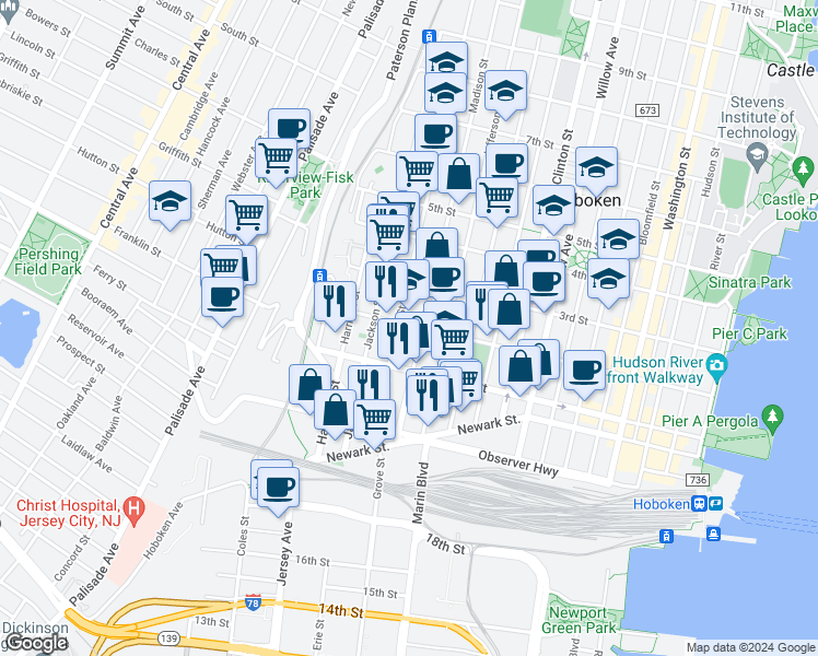 map of restaurants, bars, coffee shops, grocery stores, and more near 126 Monroe Street in Hoboken