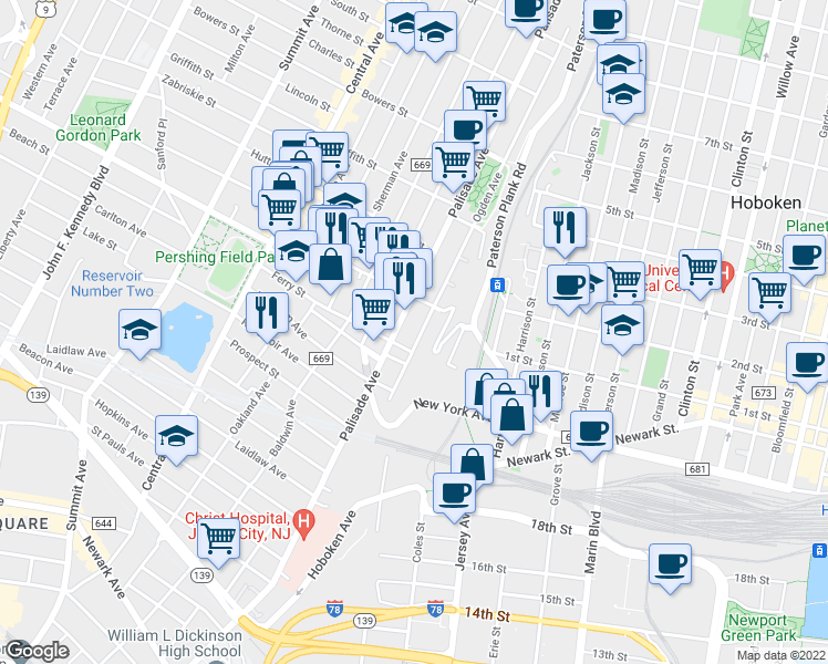 map of restaurants, bars, coffee shops, grocery stores, and more near 161 Ogden Avenue in Jersey City