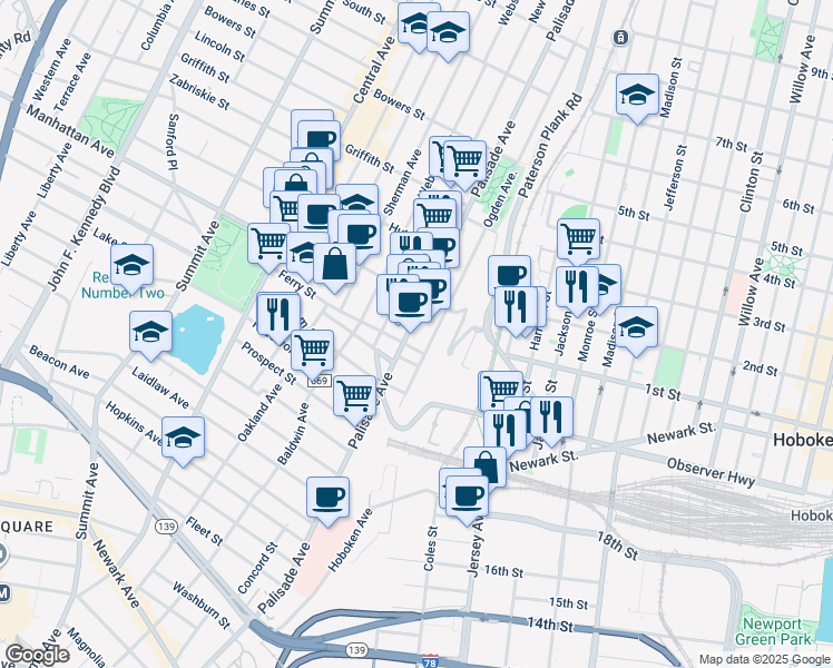 map of restaurants, bars, coffee shops, grocery stores, and more near 161 Ogden Avenue in Jersey City